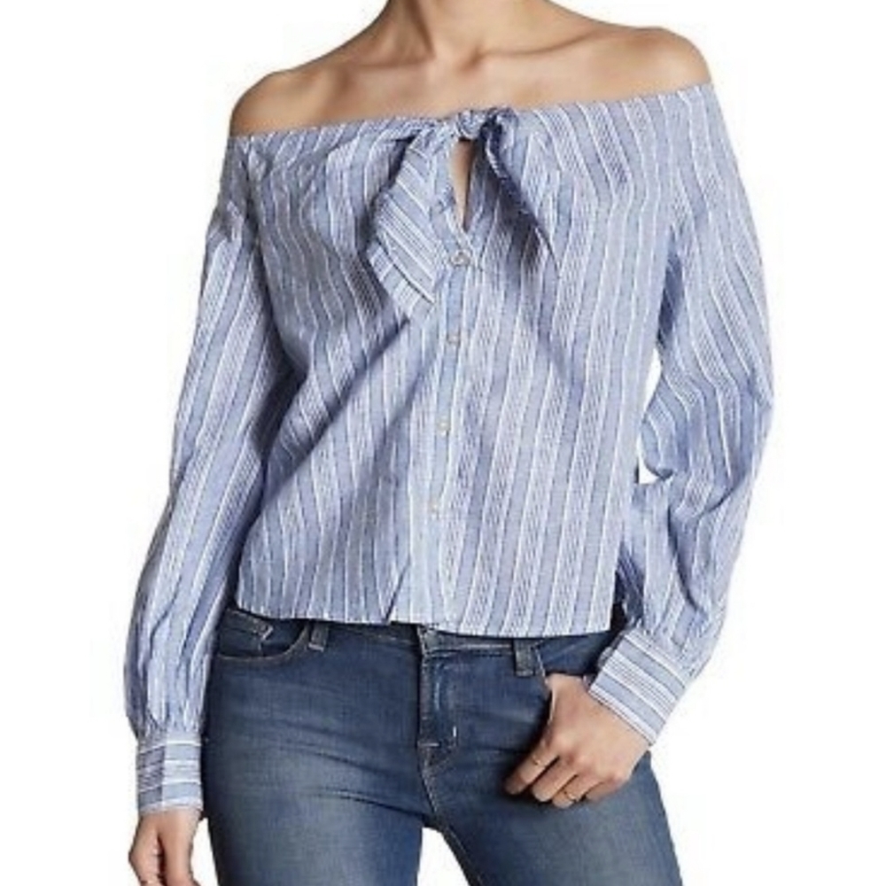 Free People Hello There Off Shoulder Linen Button Down in Blue and White Sz Med